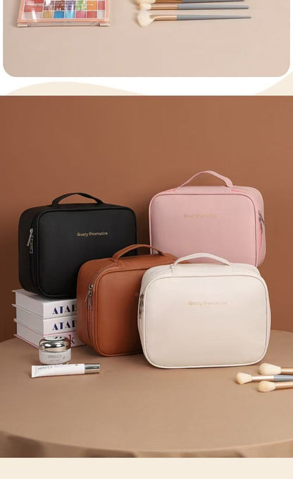 Multifunctional Partitioned Storage Pu Cosmetic Bag, Large Capacity, High-End Feel, Portable Hand-Held Makeup Brush Storage Bag