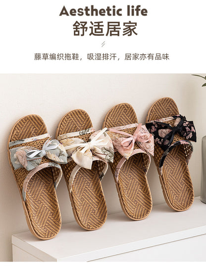 New Summer Rattan Mat Home Mat Slippers Bow Home Indoor Cool Bamboo Fish Mouth Toe Shoes Non-Slip