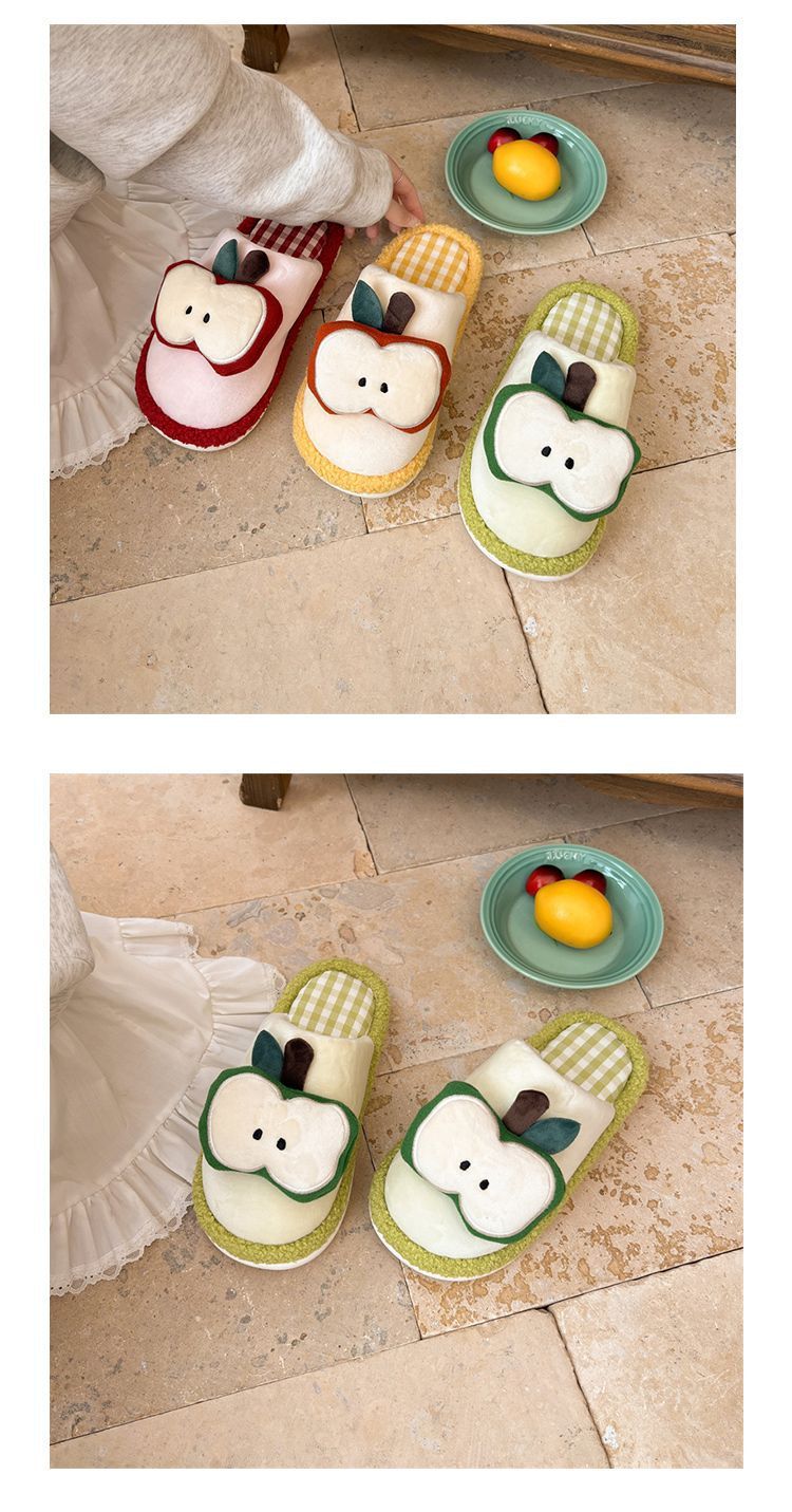 Apple Cute Closed-Toe Plush Cotton Slippers for Women, Winter 2026 New Model, Indoor Home Warm Non-Slip Odor-Resistant