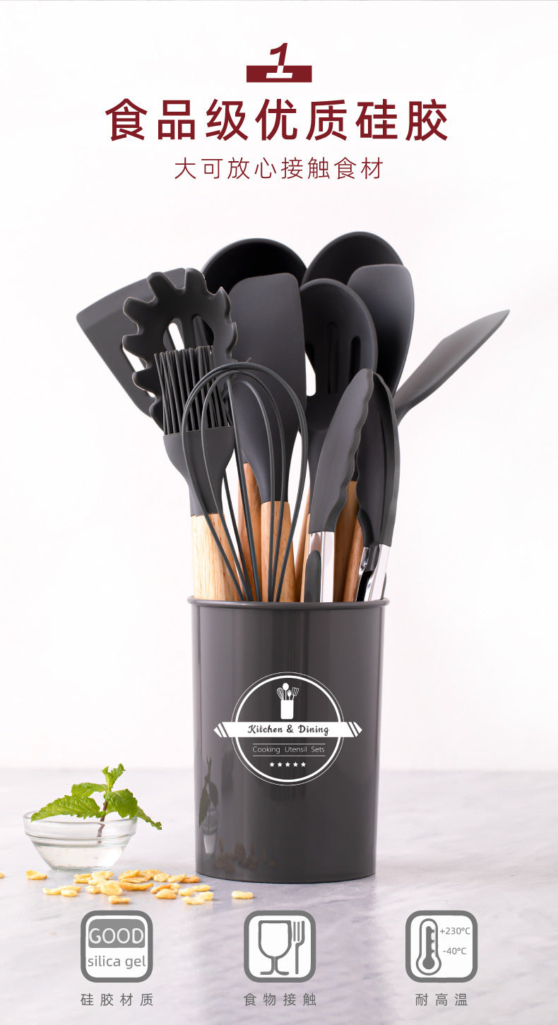 Wholesale Wooden Handle Silicone Kitchenware 12 Pieces suit Household Non-Stick Cooking High Temperature Resistant Cooking Silicone Spoon suit