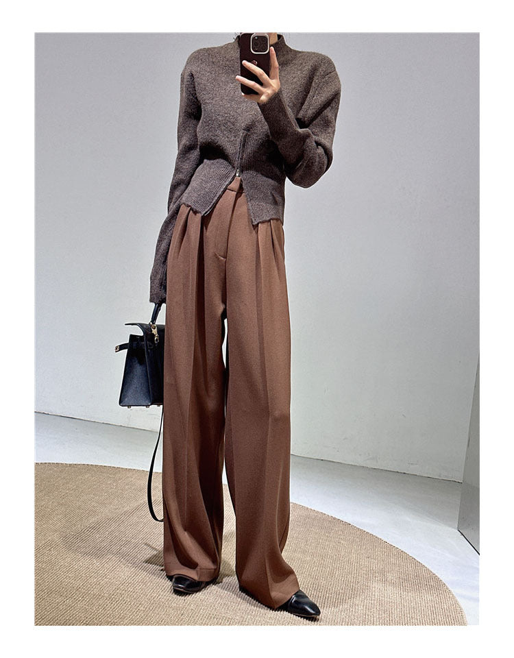 Spring and Autumn New Style Old Money Style Brown Coffee Color Suit Pants for Women, Wide-Leg Pants with Drape Effect, Slimming, Extended Length for Tall Individuals, Straight-Leg Pants