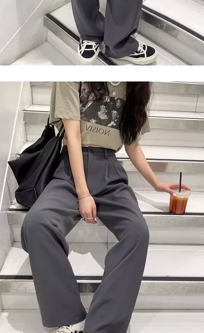 Gray Suit Pants for Women Spring and Summer New High-Waisted Double Pleated Slim Floor-Length Trousers Casual Straight Wide-Leg Pants