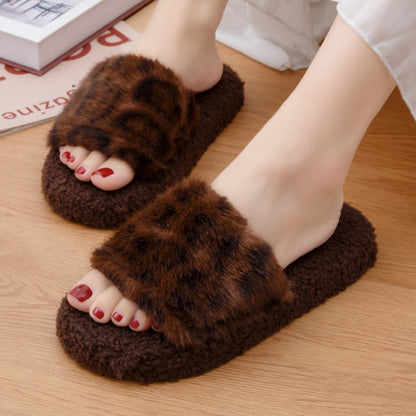 2025 Autumn and Winter Furry Slippers, Leopard Print, Retro Fashion, Home Lazy Soft Sole, Comfortable Home Slippers