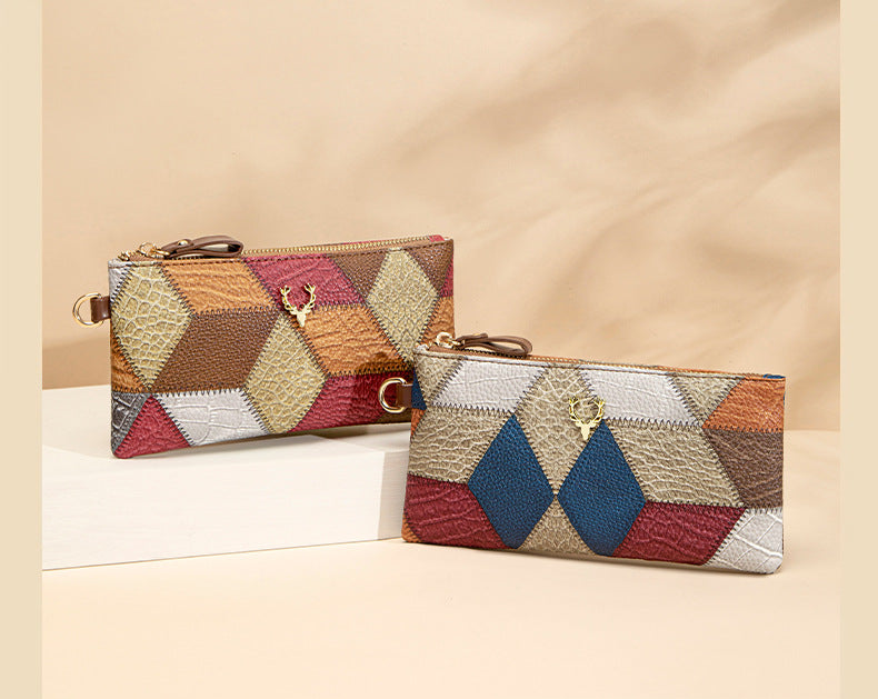 New Fashion Small Square Bag, Cross-Border High-End Retro Wallet, Versatile Zipper Bag, Women's Trendy Color-Blocking Clutch Bag