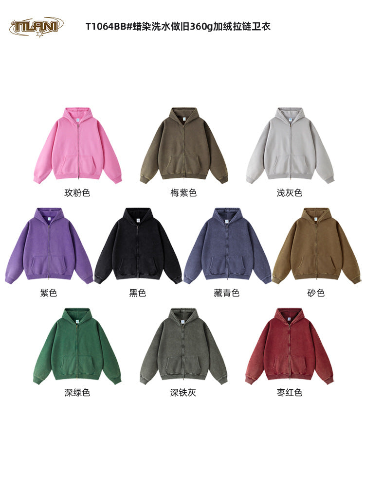 TILANI men's sweater cardigan fleece-lined thickened zipper coat 360g washed vintage waxed casual hoodie