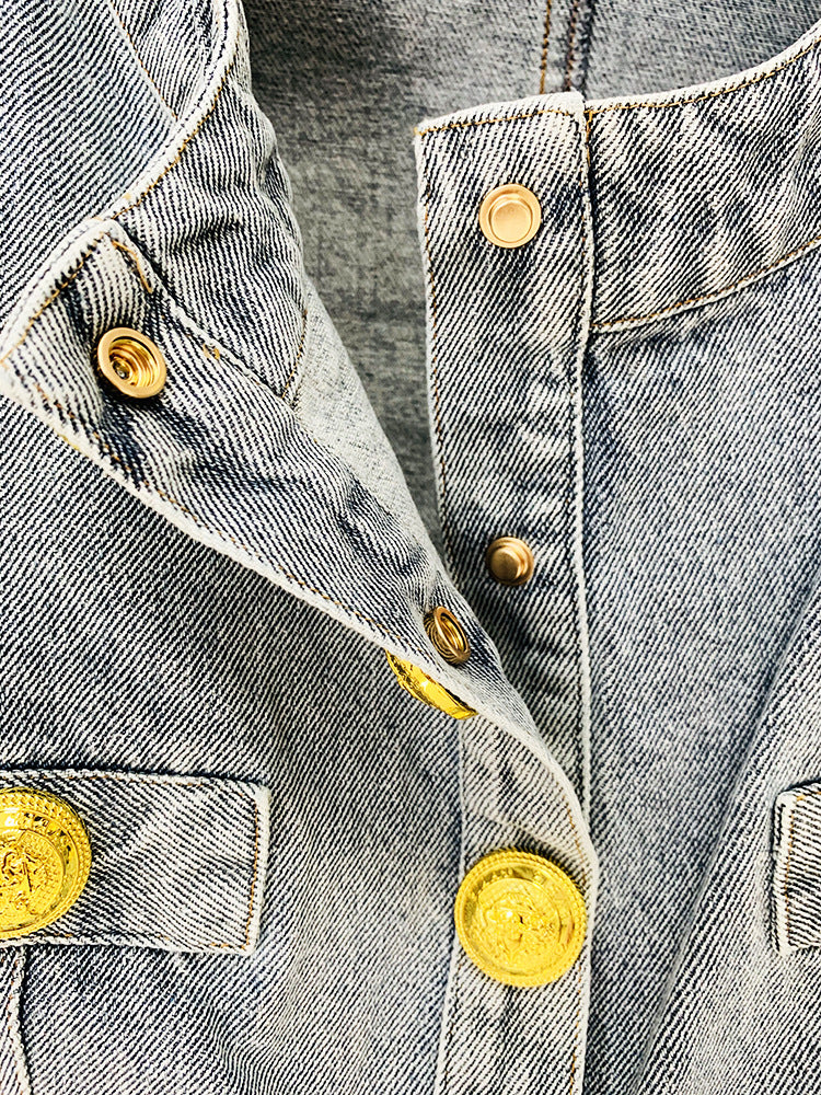 In Stock 2026 European and American Celebrity Style New Round-Neck Lion Buckle Ultra-Short Washed Denim Jacket