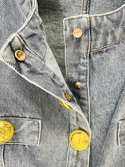 In Stock 2026 European and American Celebrity Style New Round-Neck Lion Buckle Ultra-Short Washed Denim Jacket