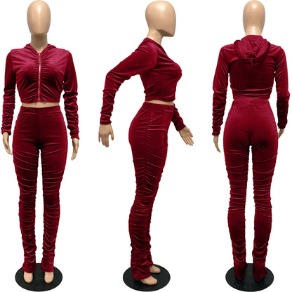 F185 European and American Women's Clothing Amazon Spring Two-piece Korean Velvet Solid Color Long Sleeve Navel Pleated Sports Suit