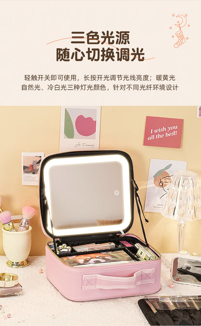 New Style Cosmetic Bag with Light and Mirror Led Light Rechargeable Portable Travel Makeup Cosmetics Cosmetics Bag Ins Style
