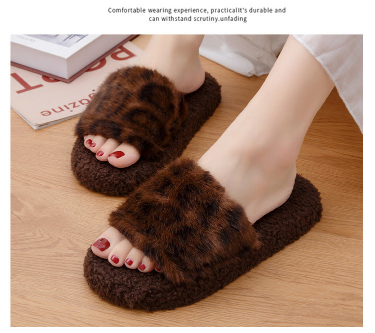 2025 Autumn and Winter Furry Slippers, Leopard Print, Retro Fashion, Home Lazy Soft Sole, Comfortable Home Slippers