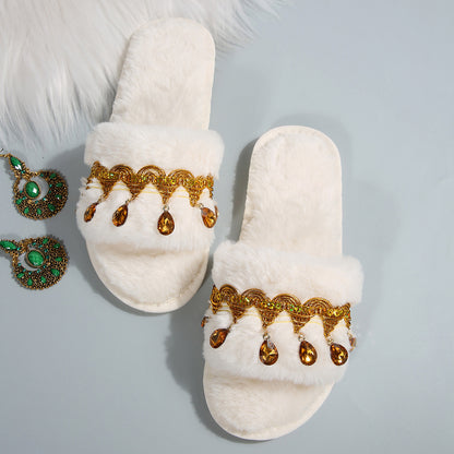 Thick-Soled Furry Slippers for Women in Autumn and Winter Indoor and Outdoor 2025 New Tassel Rhinestone Plush Slippers One-Line Cotton Slippers for Women