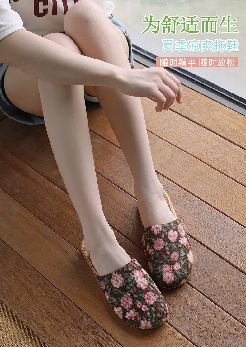 Baotou Spring & Fall Indoor Comfortable and Breathable Linen All Year Round Home Fabric Sandals for Women and Couples Floor Soft Bottom Home