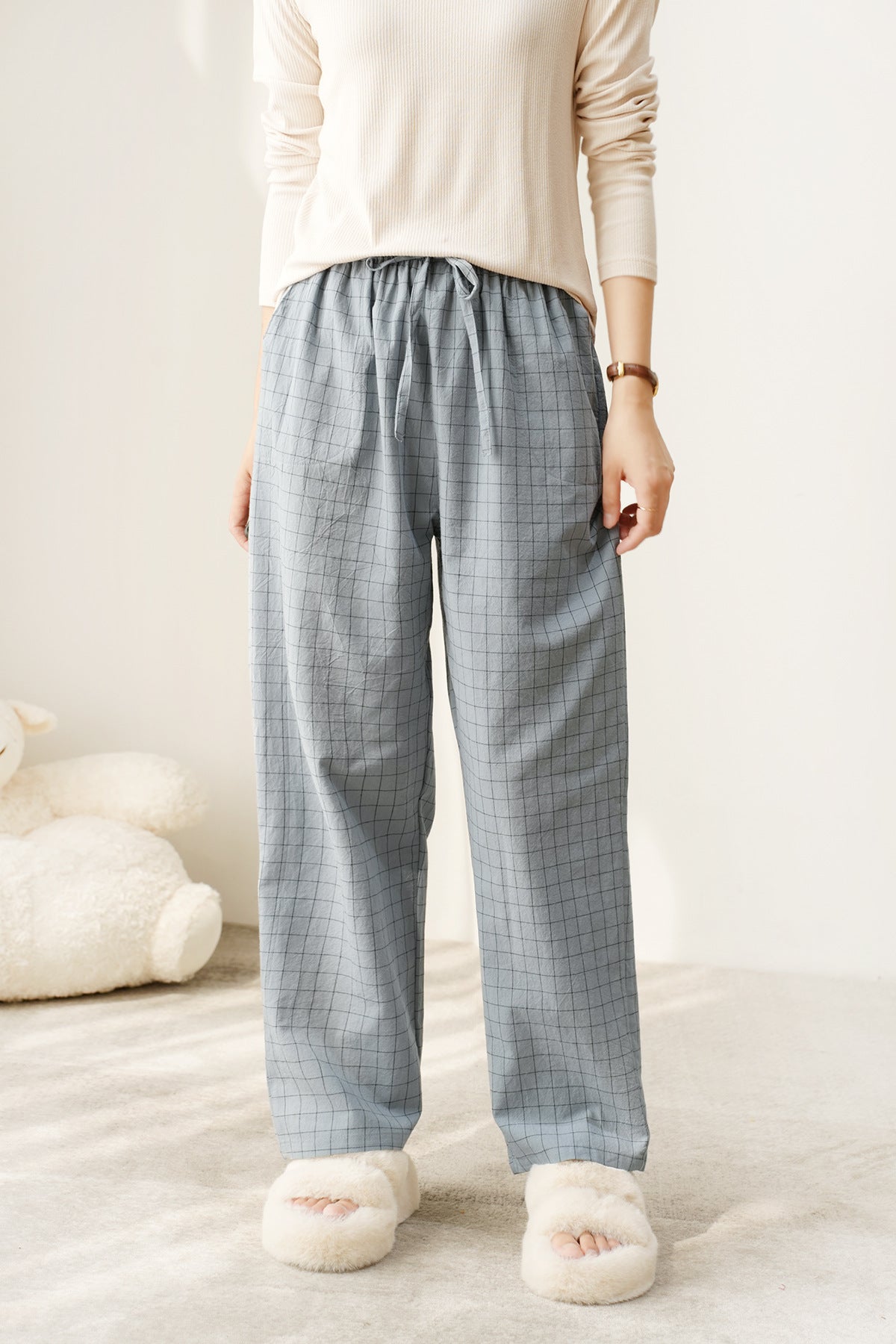 Couple Style Washed Home Pants for Men and Women, Pure Cotton Plaid Pajama Pants, Living Pants, Spring and Autumn Style, Japanese Warehouse Available for Wholesale