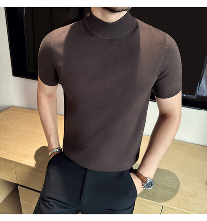 Tiktok Taobao Dropshipping Men's Short-Sleeve Knitwear, Fashionable Versatile Half-Turtleneck Slim-Fit Half-Sleeve Sweater Base Shirt