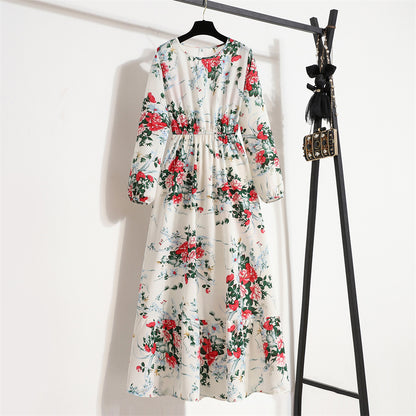 Cross-border Foreign Trade Floral Chiffon Long Dress Women's Spring Dress Long Sleeve Crewneck Base Skirt Waist Slim Long Dress