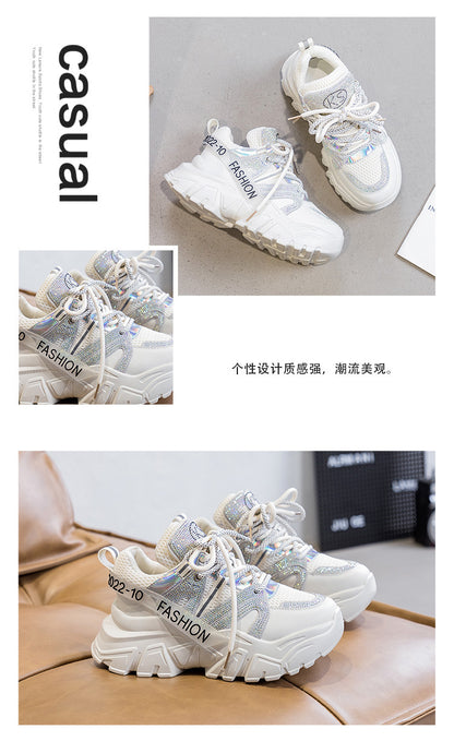 2026 Spring and Autumn Style Dad Shoes, Internet Celebrity Rhinestone Breathable Genuine Leather Shoes for Petite People, Popular Purple Thick-Soled Sports Shoes, Trendy on Instagram
