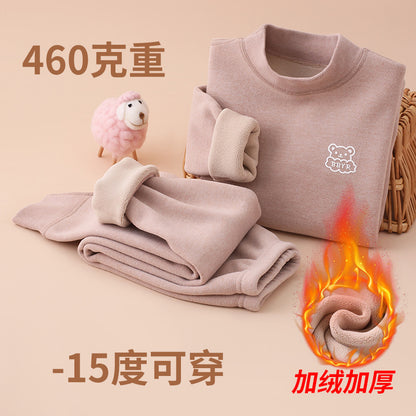 Autumn and winter fleece-lined children's clothing large children's mid-collar autumn pants children's inner warm bottoming shirt children's home clothing suit