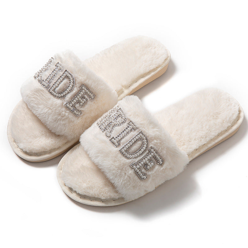 Beide Mrs Ido Pearl Letter Stuffed Slippers Wedding Party Bridal Fur Slippers Cross-Border Popular Cotton Slippers