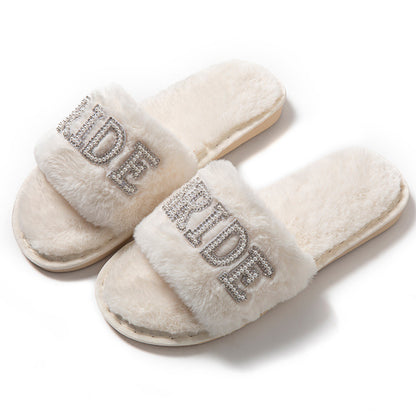 Beide Mrs Ido Pearl Letter Stuffed Slippers Wedding Party Bridal Fur Slippers Cross-Border Popular Cotton Slippers