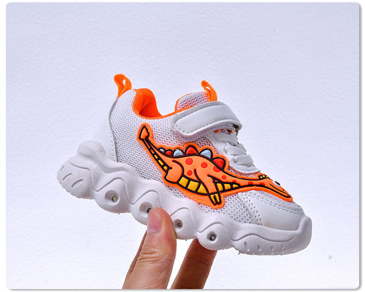 Spring New Style Dinosaur Led Light Sneakers for Boys and Girls Spring & Fall New Mesh Breathable Casual Light Shoes for Children and Middle-Aged Children