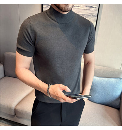 Tiktok Taobao Dropshipping Men's Short-Sleeve Knitwear, Fashionable Versatile Half-Turtleneck Slim-Fit Half-Sleeve Sweater Base Shirt