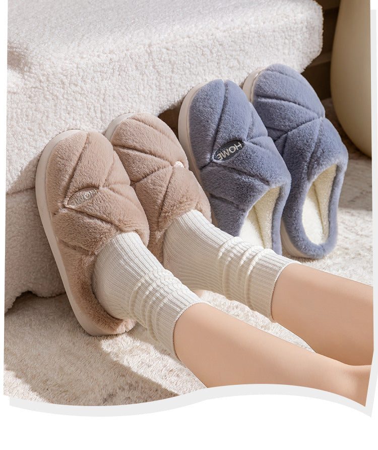 Winter Cotton Slippers for Women, Fleece-Lined, Indoor, Non-Slip, Warm, Thick-Soled, Wear-Resistant, Essential for Home Use, Couple's Cotton Patchwork New Style