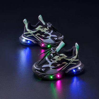 Boys' Breathable Luminous Sports Double Mesh Shoes 2024 Spring and Autumn New Children's Letters Casual LED Lighting Running Shoes