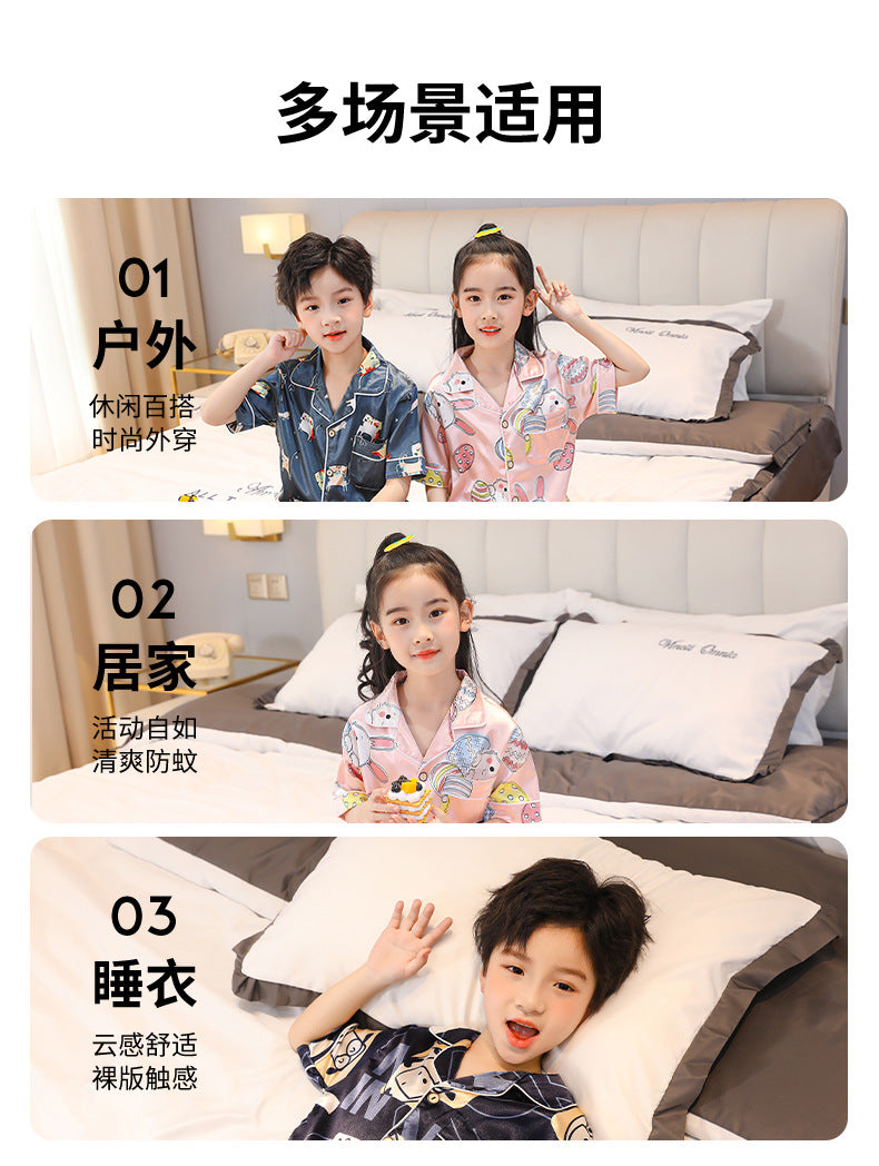 Children's Home Suit Summer Thin Boys and Girls Short-sleeved Cropped Pants Air-conditioning Suit 3-8 Children's Pajamas