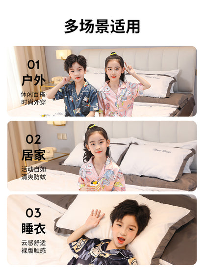 Children's Home Suit Summer Thin Boys and Girls Short-sleeved Cropped Pants Air-conditioning Suit 3-8 Children's Pajamas
