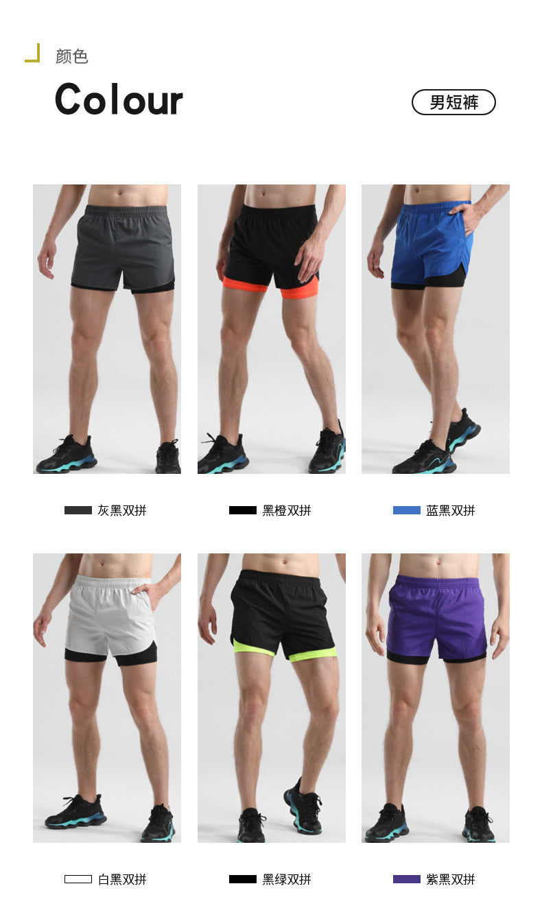 Men's Quick-drying Sports Shorts Fake Two-piece Fitness Triple Pants Marathon Running Pants Invisible Pocket for Mobile Phone