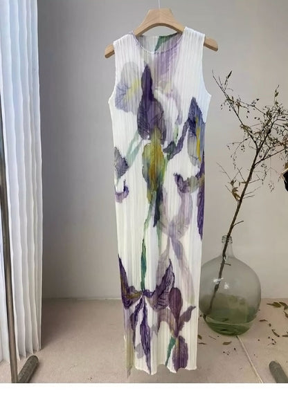 In Stock Miyake Dress Printed Elegant Elegant High-End Loose Slimming Look Elegant Round Neck Sleeveless Pleated Skirt