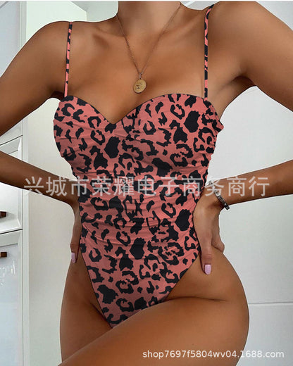 New 2024 Foreign Trade Cross-border Women's One-piece Swimsuit European and American Leopard Print One-piece Swimsuit Bikini Bikini