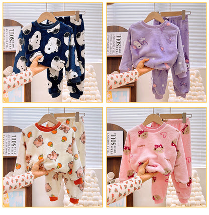 Men's and Women's Flannel Pajamas suit Autumn and Winter Middle and Big Children's Warm fleece-lined Thickened Autumn Clothes and Pants Home Clothes