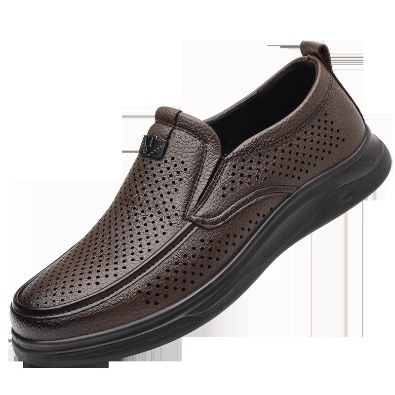 Summer Men's Shoes for Middle-Aged and Elderly People, Genuine Leather Breathable Men's Sandals, Leather Shoes, Soft Soles, Hollow Casual Shoes, Clogs