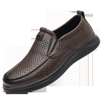 Summer Men's Shoes for Middle-Aged and Elderly People, Genuine Leather Breathable Men's Sandals, Leather Shoes, Soft Soles, Hollow Casual Shoes, Clogs