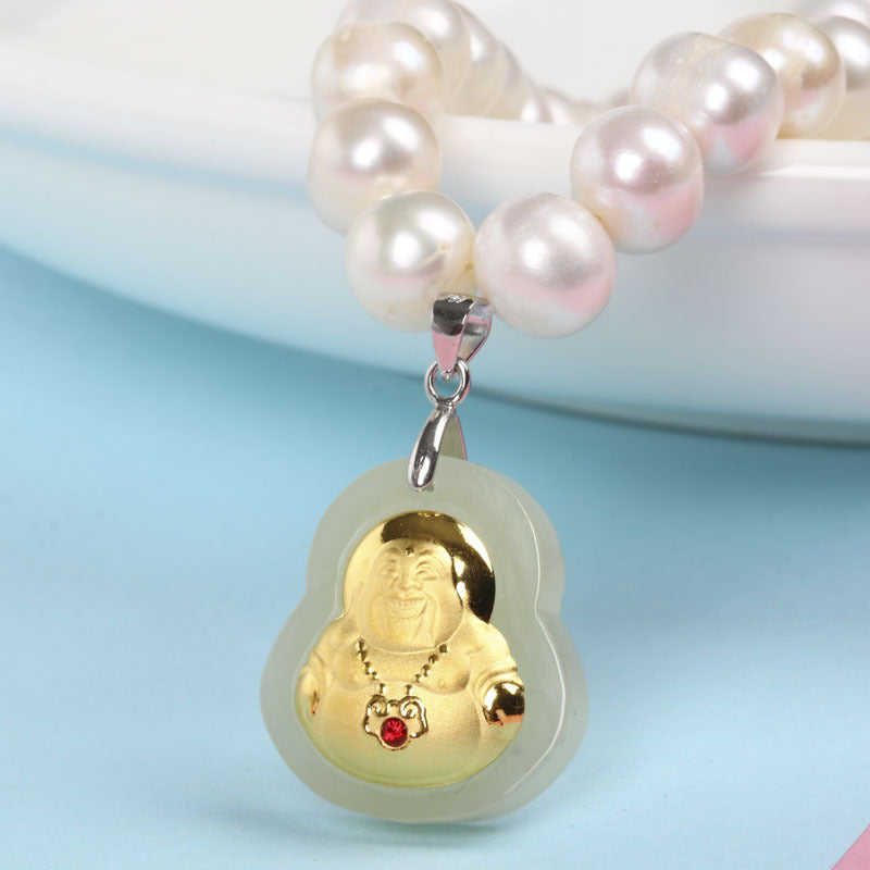 8-9 Natural Freshwater Pearl Necklace, Gold-Inlaid Jade Small Buddha Jade Necklace, Gift for Mom on Mother's Day