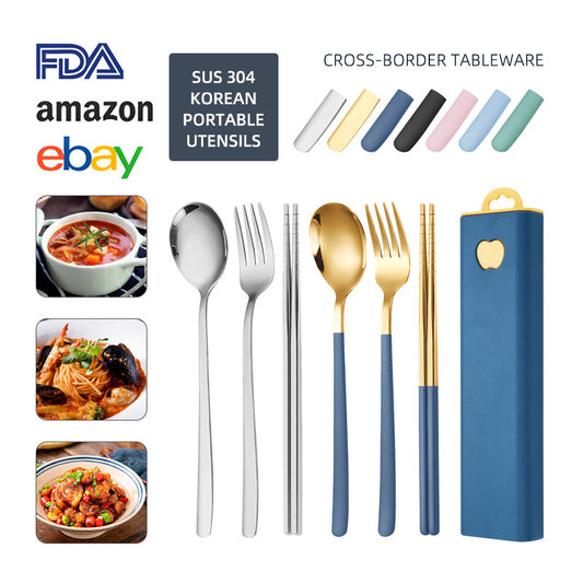 304 Stainless Steel Convenient Tableware Fork, Spoon and Chopsticks Three-Piece Set Outdoor Travel Student Storage Box Tableware Set by PDG ibma