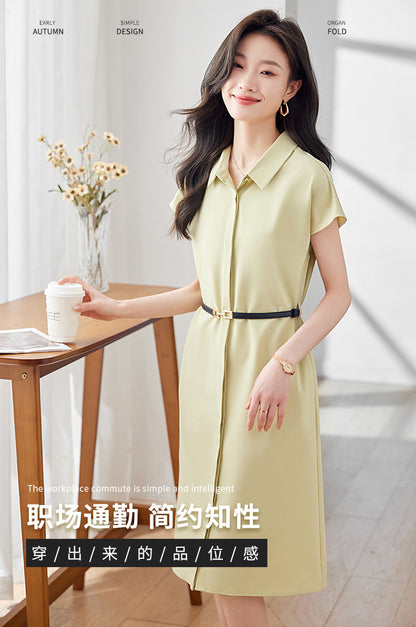 [Elegant Long Skirt] V-neck Short-sleeved dress High-end Work Clothes Mid-length Skirt Spring and Summer Business Wear Uniform
