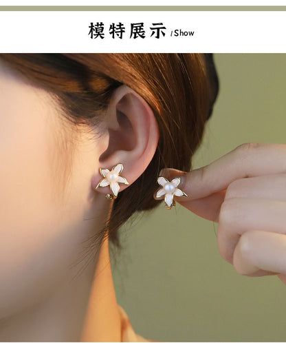 Original Handmade Natural Pearl Five-Petal Cherry Blossom Ear Clip Simple Niche High-End S925 Sterling Silver Earrings Ear Jewelry