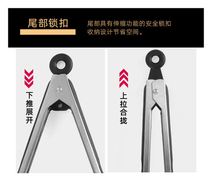Cross-Border Black Silicone Clips, High Temperature Resistant Kitchen Food Frying Stainless Steel Fried Steak Clips, Special Food Clips for Cooking