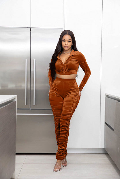 F185 European and American Women's Clothing Amazon Spring Two-piece Korean Velvet Solid Color Long Sleeve Navel Pleated Sports Suit