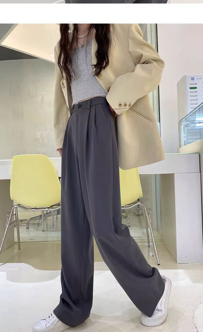 Gray Suit Pants for Women Spring and Summer New High-Waisted Double Pleated Slim Floor-Length Trousers Casual Straight Wide-Leg Pants