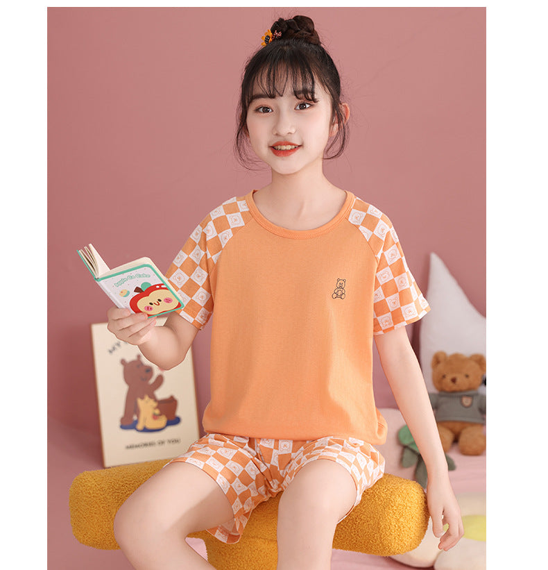 Children's Pajamas, Pure Cotton, Summer Short-Sleeved Shorts Set for Boys, Home Clothes for Girls, Air-Conditioned Clothes for Middle-Aged and Older Boys