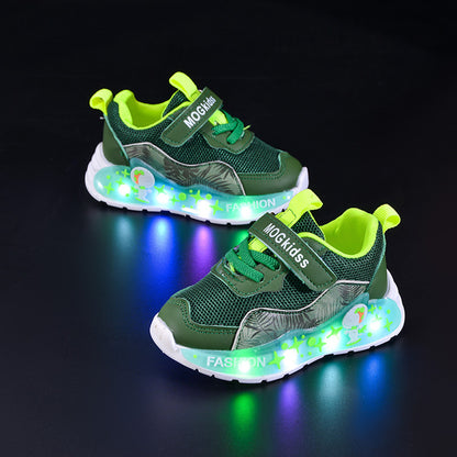 Wholesale Spring and Autumn New Mesh Plaid Boys Led Light Casual Children's Luminous Fashion Cartoon Sports Shoes