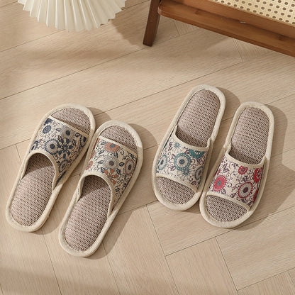 New Summer Open-Toe Home Slippers, Non-Slip, for Men and Women, Couples, Indoor, Blue and White Porcelain, Wooden Floor, Light Foam Sole, Cotton and Linen