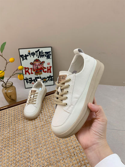 Genuine Leather Retro Sneakers for Women 2025 Spring & Fall New Niche High-Bottom Soft-Soled White Shoes Flats-Soled Sports and Casual Shoes