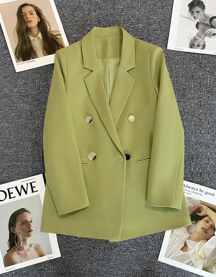 Green Metal Buckle Korean Style 2024 Spring and Autumn New Milk White Suit Jacket Women's Casual All-match High-end Suit