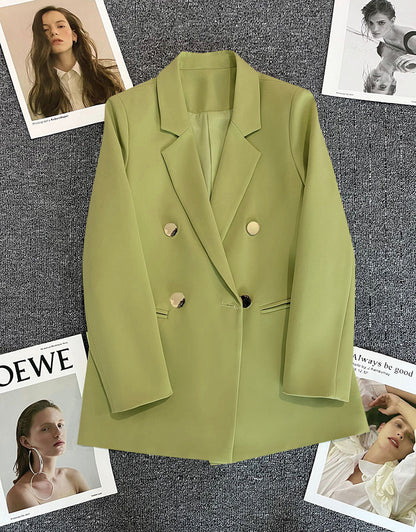 Green Metal Buckle Korean Style 2024 Spring and Autumn New Milk White Suit Jacket Women's Casual All-match High-end Suit