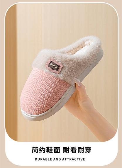 Cotton Slippers for Women, Fashionable Winter Indoor Home Non-Slip Plush Warm Couple Style Fleece-Lined Thick-Soled Cotton Slippers for Men