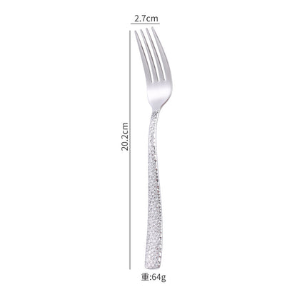 Cross-border 304 Stainless Steel Knife, Fork and Spoon Tableware Hotel Western Food Square Handle Thickened Water Cube Hammer Steak Knife, Fork and Spoon